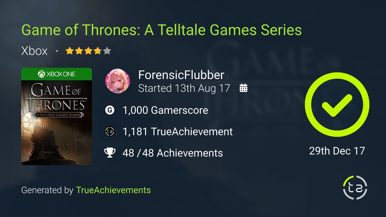 Game of Thrones A Telltale Games Series achievement summary